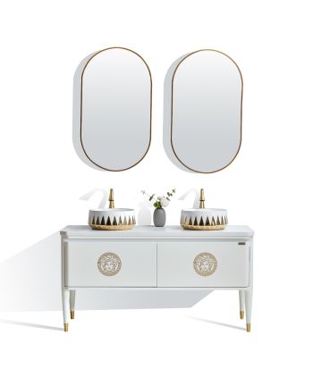 MOBILIER DE BAIE ANTONIA 140 CM - SET LAVOAR DUBLU / OGLINDA LED / BLAT ALB / CORP ALB + AURIU