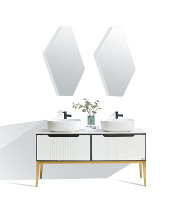 MOBILIER DE BAIE BARBARA 140 CM - SET LAVOAR DUBLU / OGLINDA LED / BLAT ALB / CORP ALB + AURIU