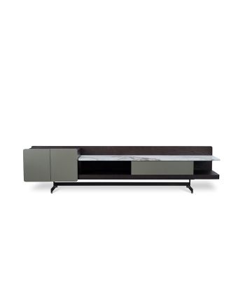COMODA TV HAMILTON 220 CM - BLAT MARMURA ARTIFICIALA ALBA / MDF GRI + BRUN