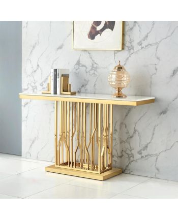 CONSOLA MINERVA 140 CM BLAT CERAMIC ALB / METAL AURIU