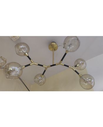 CORP DE ILUMINAT PE FIR BARTON NEGRU + AURIU - 6 GLOBURI STICLA TRANSPARENTA