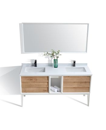 MOBILIER DE BAIE INES 160 CM - SET LAVOAR DUBLU / OGLINDA LED / BLAT ALB / CORP ALB + LEMN NATUR