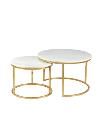 MASA DE CAFEA SET ARUBA DIA 60 - 80CM BLAT MARMURA ARTIFICIALA ALBA / METAL AURIU