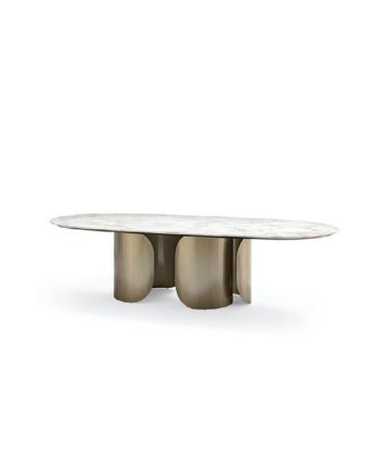 MASA DINING CAVANO 240X109 CM - BLAT OVAL CERAMIC ALB SI PICIOR METALIC AURIU PATINAT