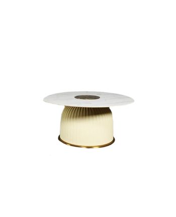 MASA DE CAFEA MIAMI DIA 79 CM - BLAT CERAMIC ALB SI PICIOR AURIU + MICRO-PIELE CREM