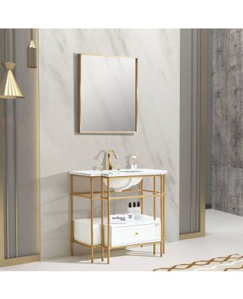 MOBILIER DE BAIE DIANA - SET CU UN LAVOAR / OGLINDA / BLAT ALB / CORP ALB + AURIU