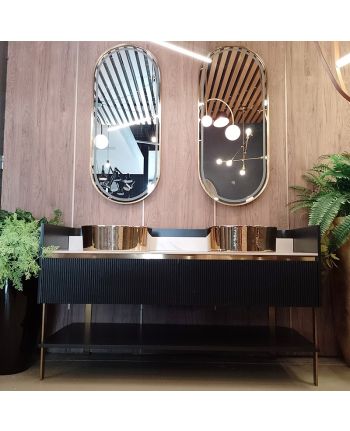 MOBILIER DE BAIE ELISA 150 CM - SET LAVOAR DUBLU / OGLINDA / BLAT ALB / CORP GRI ANTRACIT + AURIU