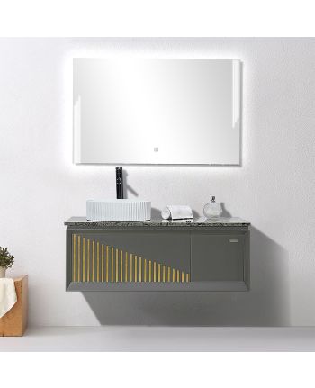 MOBILIER DE BAIE MILENA - SET LAVOAR / OGLINDA / BLAT MARMURA ARTIFICIALA GRI / CORP GRI + NATUR