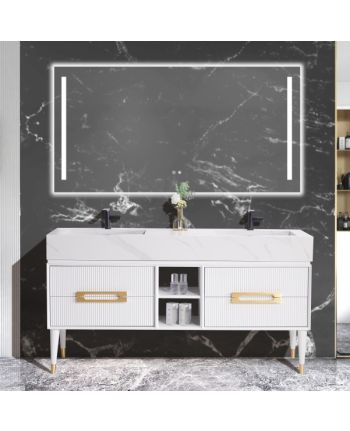 MOBILIER DE BAIE SHAINE 160 CM - SET LAVOAR DUBLU / OGLINDA LED / BLAT ALB / CORP ALB + METAL AURIU
