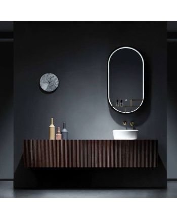 MOBILIER DE BAIE MYRA- SET CU UN LAVOAR DUBLU / OGLINDA LED / BLAT SI CORP LEMN BRUN-120cm