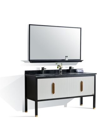 MOBILIER DE BAIE OLIVIA 156 CM - SET LAVOAR DUBLU / OGLINDA  / BLAT NEGRU / CORP NEGRU + ALB