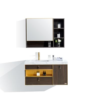 MOBILIER DE BAIE PALOMA 100 CM - SET LAVOAR / OGLINDA / BLAT ALB / CORP LEMN BRUN + GALBEN