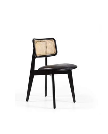 SCAUN DINING FIORE TAPITAT MICRO-PIELE NEAGRA + RATAN / PICIOR LEMN NEGRU