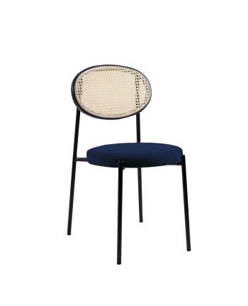 SCAUN DINING MINAS TAPITAT ALBASTRU CATIFELAT + SPATAR RATAN / PICIOR METALIC NEGRU (RESIGILAT)