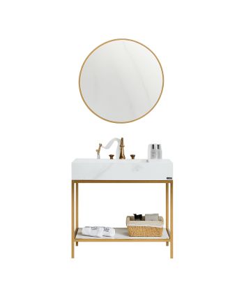 MOBILIER DE BAIE SELENA- SET CU UN LAVOAR / OGLINDA / BLAT ALB / CORP ALB + AURIU-90cm