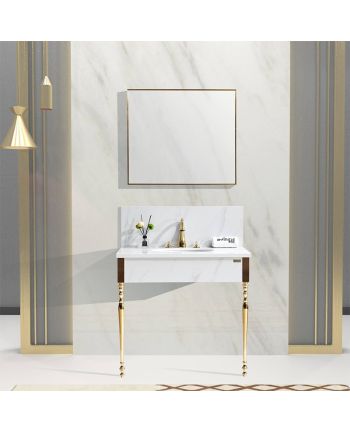 MOBILIER DE BAIE VICTORY 90 CM - LAVOAR / OGLINDA / BLAT ALB / CORP ALB + AURIU