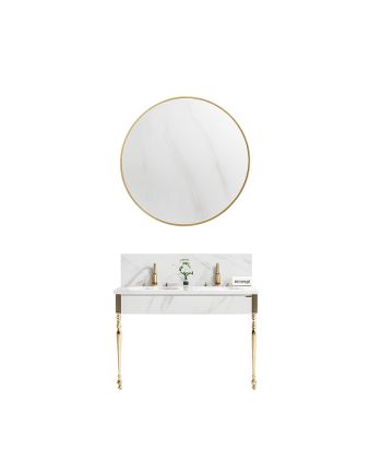 MOBILIER DE BAIE VICTORY- SET CU DOUA LAVOARE / OGLINDA / BLAT ALB / CORP ALB + AURIU